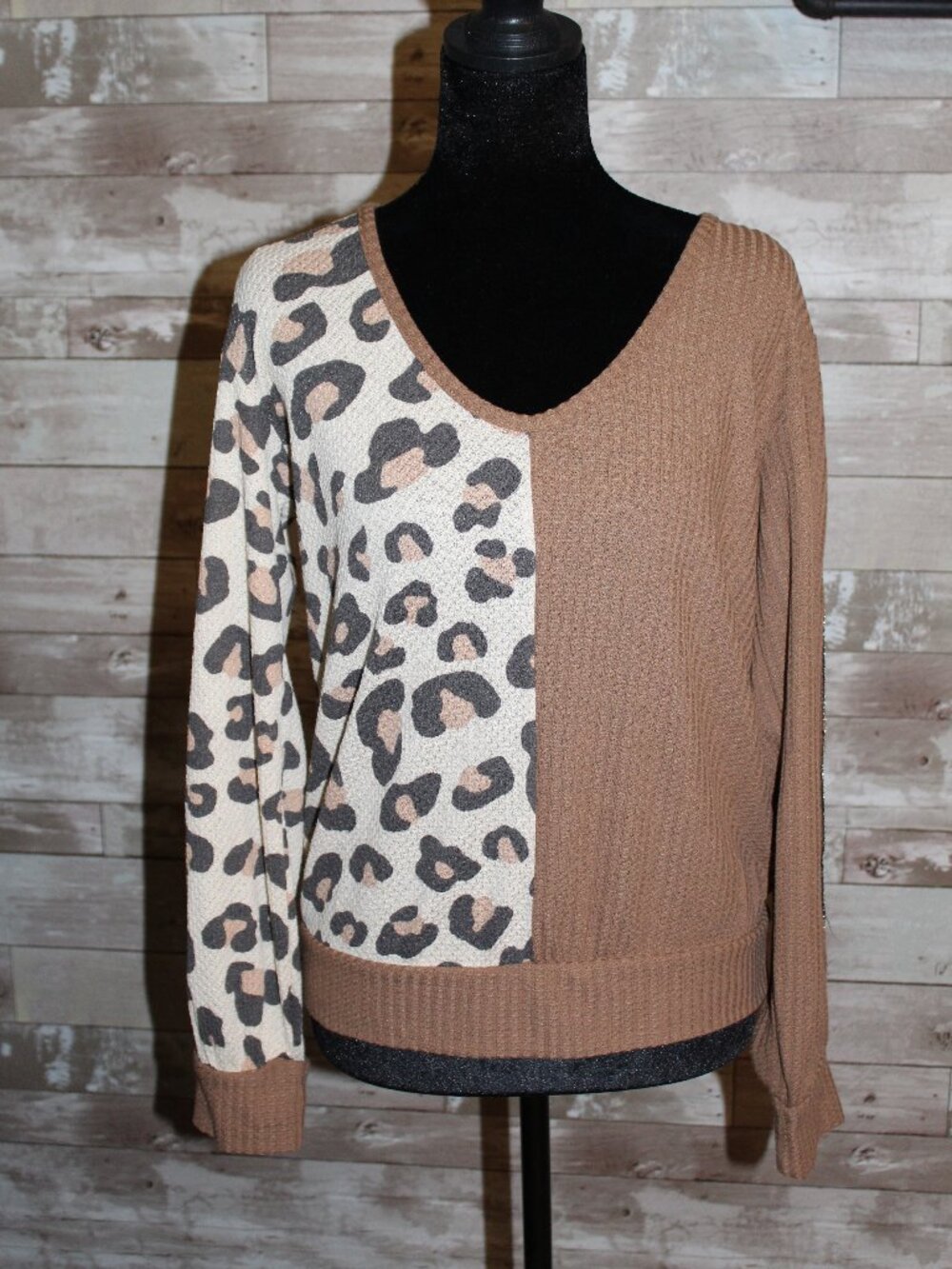 Waffle Knit Two-toned Animal Print Lightweight Sequin Sleeve Top